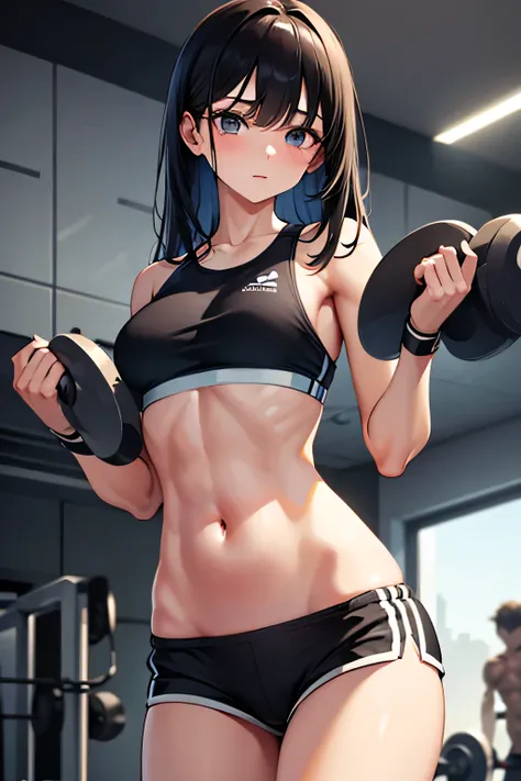 1girl, solo, (skinny:0.7), standing, training, dark straight hair, bangs, (abs:0.8), navel, sportswear, fitness, gym uniform, sports bra, short shorts, (holding dumbbell:1.2), (holding book:1.1), (reading:1.1), looking at book, thigh shot, from front, indo...