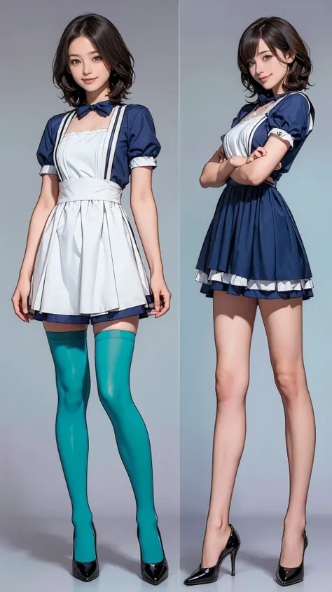 ((masterpiece)),(((Highest quality))),((Character design sheet)),Thin thighs,Long legs,Bunny girl in a light blue maid outfit:1.5，Wearing light blue tights:1.5，The best smile:1.5，Full Body Shot:1.5，Gray background:1.5，Wearing black high heels:1.5，short cut...