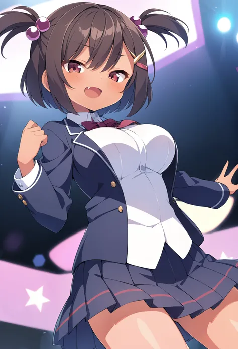 brown eyes, tan, tanlines, one-piece tan, hair ornament, brown hair, hair ornament, solo, fang, hair bobbles, short hair. two side up,, (large breasts:1.5), live stage, solo, 11years old , blazer uniform,　Blazer skirt