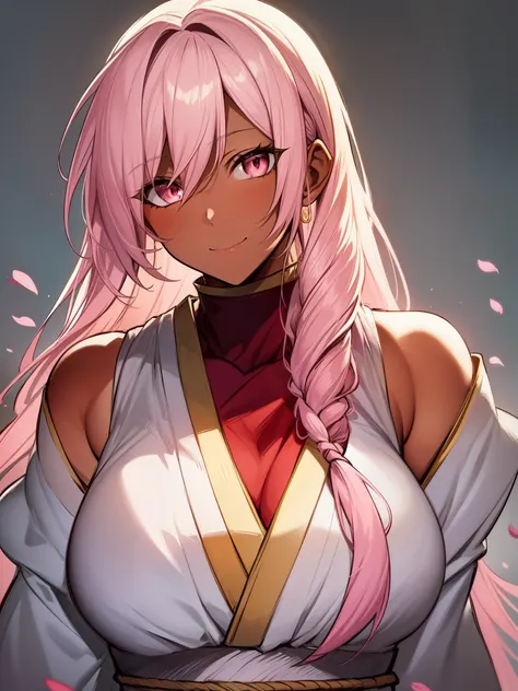 ((spiked hair)), ((long hair)), ((curvy body)), ((light pink hair)), ((pink eyes)), ((cheerful expression)), (shinobi clothing)), ((dark skin)), ((flowers)), ((complementary colors)), ((mature female)), 1girl, beautifully drawn, high resolution illustratio...