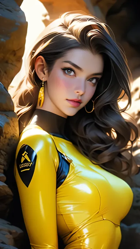 (Very detailed),8k,wallpaper,Studio Lighting,Ultra-fine painting,Narrow your focus,Physically Based Rendering,1 female,Mature Woman,Beautiful Hair,Beautiful Skin,Shiny skin,Beautiful Hands,Fine hand,(Yellow Latex Bodysuit),(((Better Hands))),((In a dark ca...