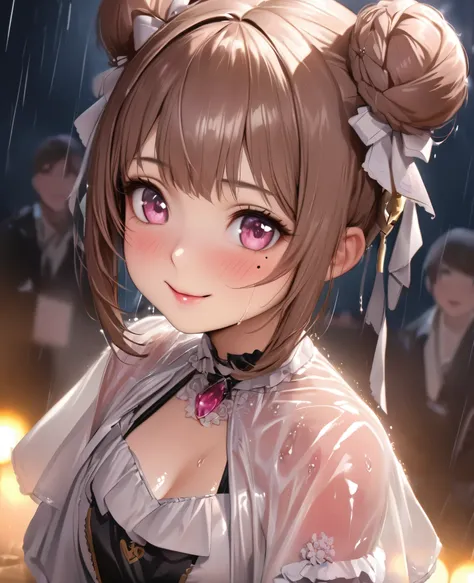 One Girl、Looking at the audience、lovely,
Beautiful pink eyes、Two brown double hair buns , Mole under the eye、Plump and glossy lips、Heart-shaped choca、Idol、Her name is May,smile、ー、。.。.。.。.。.。.。.。.。.。.。.。.。.。.。.。.。.。.3D、Realistic、
The idols costume was soake...