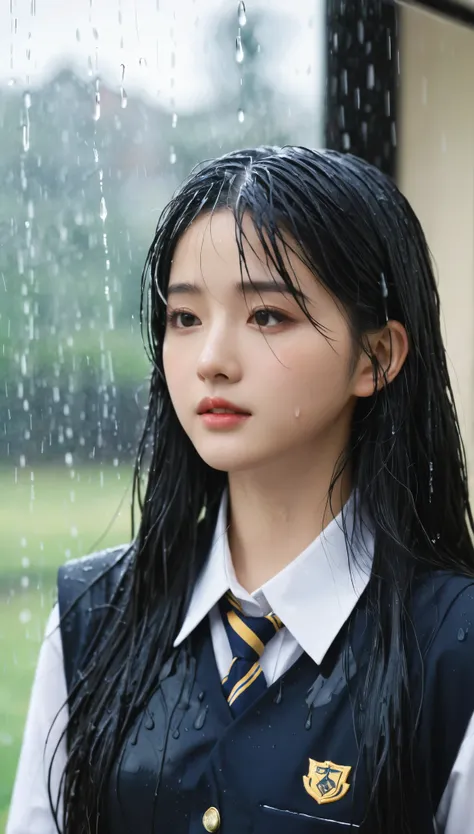 1girl, long black hair,schoolgirl uniform, shy, blush, wet, rain, transparent, (masterpiece, best quality), soft light, cinematic composition, cinematic light