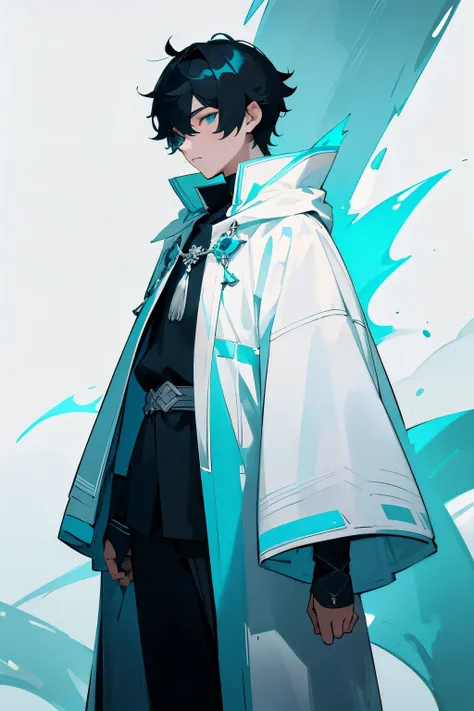 Russian teenager mature boy, black short hair, cyan eyes, white cold weather outfit, white cloak, ultra detailed, Fantasy style
