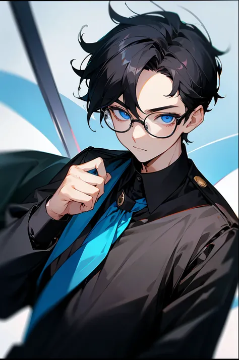 1 boy, black hair, blue eyes, black cloth, handsome, 15 years old kid, wearing uniform, wearing glasses, short hair
