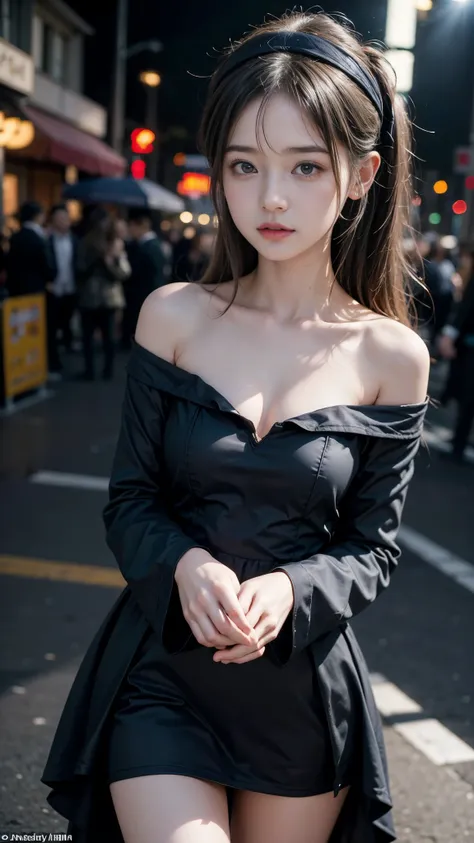 (Highest quality, masterpiece:1.2, Ultra-high resolution), (Reality: 1.4), Original photo, Japanese, One girl, Beautiful breasts, Baby Face, Beautiful Skin, ((Off the shoulder, dress)), Cinema Lighting, Ultra-detailed, night, trip, Stylish, Female Sniper, ...