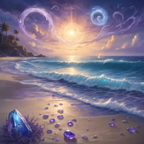 Create an incredibly mesmerizing and unique image titled "Alchemy Seaside Psychic Ability." Picture a serene seaside scene at dusk, where the sky is painted with shades of deep blue, purple, and gold. In the foreground, a powerful alchemist stands on the s...