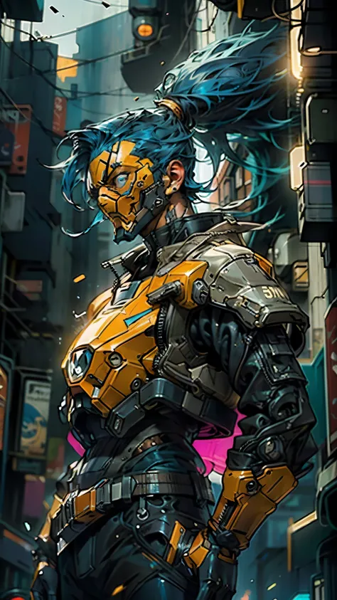 A man with blue hair tied in a ponytail, his face concealed by a falcon concept mask, full mask, stands tall and imposing, a futuristic sci-fi style short jacket, a dark bodysuit, matching trousers, a belt cinched at the waist, colorful gloves, he stands a...