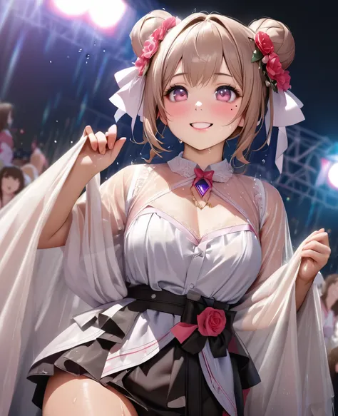 One Girl、Looking at the audience、lovely,
Beautiful pink eyes、Two brown double hair buns , Mole under the eye、Plump and glossy lips、Heart-shaped choca、Idol、Her name is May,smile、ー、。.。.。.。.。.。.。.。.。.。.。.。.。.。.。.。.。.。.3D、Realistic、
The idols costume was soake...