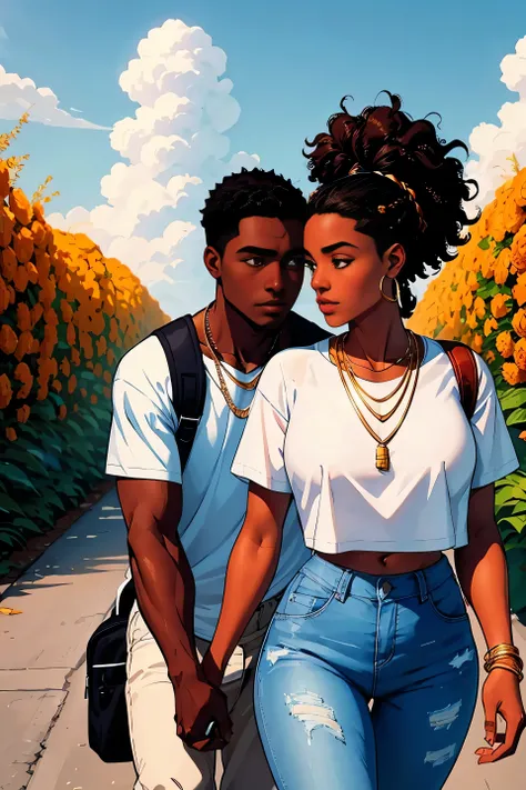 Romantic, couple, dark skin, boy and girl, walking, hand-in-hand, under a bright, blue sky, with fluffy, white clouds, boy with, black, braided hair, wearing, white t-shirt, gold necklace, brown skin, carrying, orange backpack, girl with, voluminous, curly...