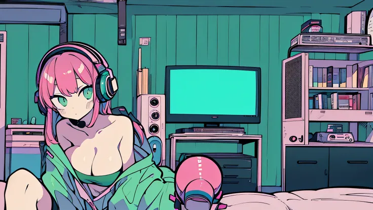 Best quality, (masterpiece:1.2), best detail face,1 girl, big breasts, 18 yo, 8k,absurdres,unity 8k wall paper,(extremely detailed:1.3), highest realistic, (retro headphones:1.1), (soft neon light:1.1), Her room full of music equipment and plants, Leaning ...