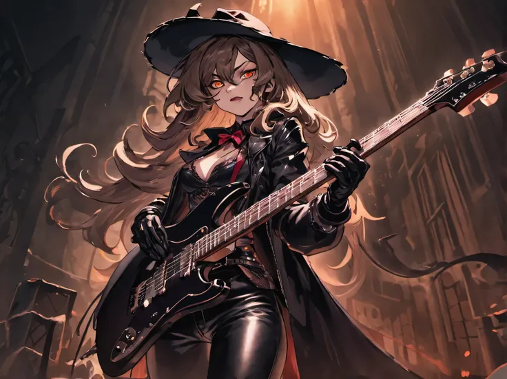 a mature woman with electric guitar, witch hat, vampire-like suit, black leather pants, black gloves, long wavy light brown hair, dramatic lighting, dark moody atmosphere, cinematic composition, digital art, concept art, highly detailed, intricate details,...