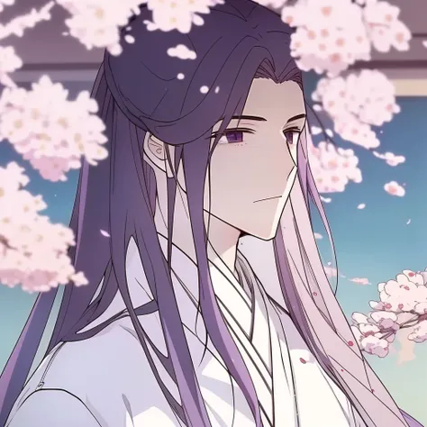 (Extremely detailed,best quality,4k,high resolution,masterpiece:1.2),(Practical,photoPractical,photo-Practical:1.37),Boys,Japanese cartoons,portrait,White clothes，Messy medium-length purple hair，Calm purple eyes,Cherry blossoms,Flowers,Messy Bangs,Moderate...