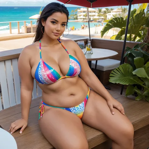 A beautiful curvy maxican woman wearing a rainbow print tiny bikini is sitting on a patio overlooking the ocean
