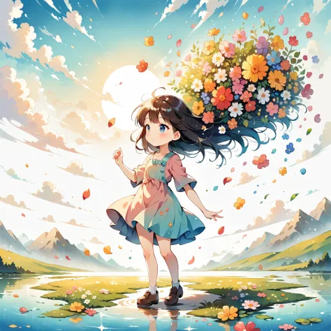 (Anime Style:1.2, masterpiece:1.2),(((1 girl))),((Little, Full body view))), Girl wearing flowers, Watercolor, Simple illustration, Flower storm, Colorful Water Bubbles, 