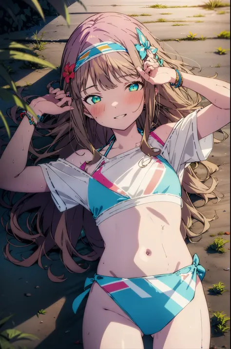 Tropical Dream Bud,Tropical Dream Bud　sss Dynazenon ,Brown Hair,Long Hair,Green Eyes,smile,blush,Hibiscus hair accessory,Blue bikini swimsuit,barefoot,Oversized T-shirt,break outdoors, Beach,
break looking at viewer,whole body, (Cowboy Shot:1.5),
break (ma...