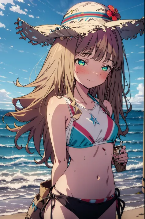 Tropical Dream Bud,Tropical Dream Bud　sss Dynazenon ,Brown Hair,Long Hair,Green Eyes,Big straw hat,smile,blush,Hibiscus hair accessory,Blue bikini swimsuit,barefoot,Oversized T-shirt,break outdoors, Beach,
break looking at viewer,whole body, (Cowboy Shot:1...