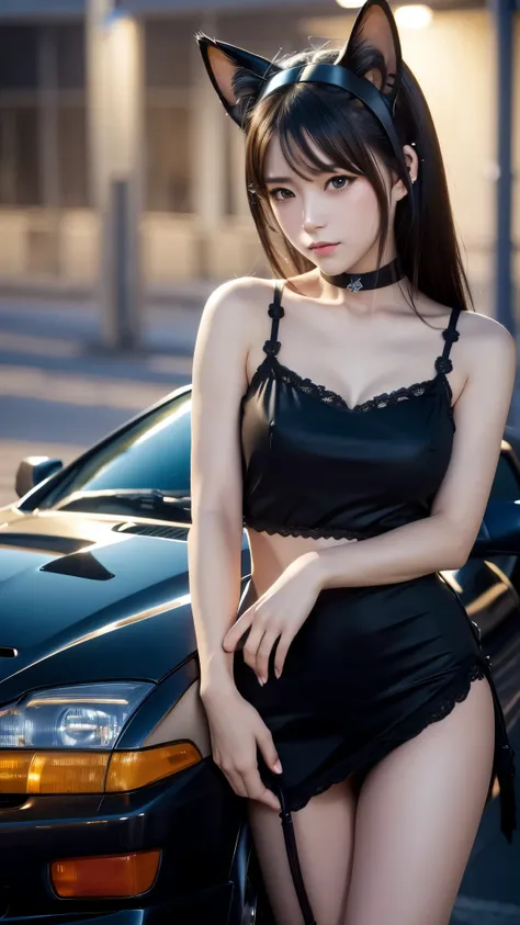 Masterpiece, 4k, Bokeh, beautiful face, (Cat ears:1.3), Beautiful girl standing by the car, TOYOTA SPRINTER trueno, 
AE86, Trueno