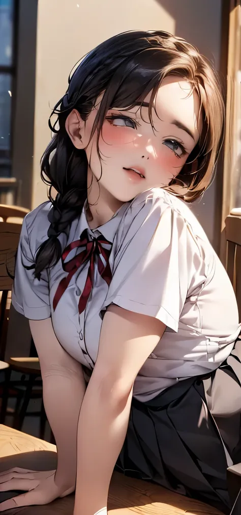 ((braid, pleated skirt, ribbon)), (((round face))), ((eyes with realistic sizing, drooping eyes, blush, shame smile, thin lips, ...