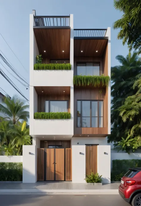 architecture, small 1 floor house in Viet Nam, wooden white wall cottage, beautiful modern house in a downtown, the small modern house in the town, white wall house, cottagecore!!, ((8k)), soothing and cozy landscape, peaceful wooden mansion, ((UHD)), 8k, ...