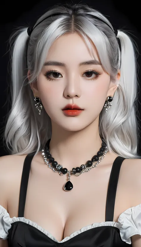 high quality, Rich in details, The silver-haired girl with twin ponytails poses cutely. They are wearing vintage gothic clothing, Wearing a bracelet, Earrings and necklaces. Big ones can also be seen. The photo is a close-up of the face, With cleavage, Shi...