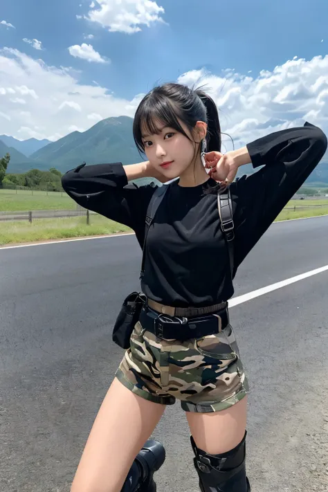 One girl、black hair、ponytail（High position）、Camouflage、Shorts（black）、belt、Laced boots（black）、black headphones、Rifle Retention、Are standing、Spread your legs、armored vehicle、Country Road、Mountain々、I can see the sky、Composition from below
