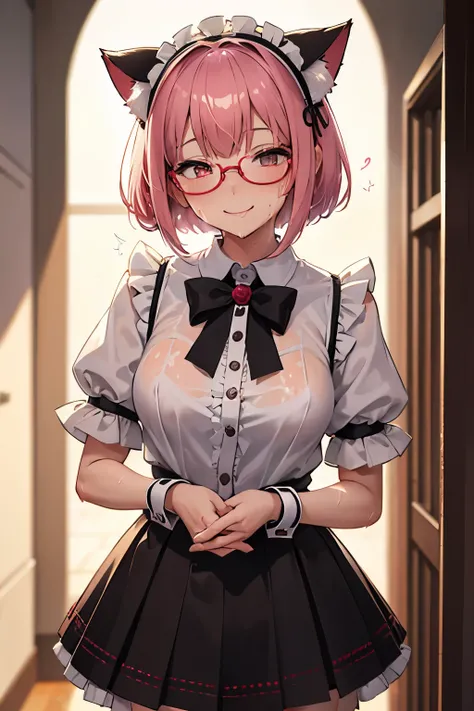 18 yeas old, girl, pink hair, bob cut, side up, Straight bangs, slim, big tits, narrow red eyes, cute, cat ears, glasses, 
(embarrassed,  blush:1), (ecstasy:0.6), (think:1.8), (smile:1.5), (sweat:1.6), beautiful nipple, ruffle shirt, layered pleated skirt,...