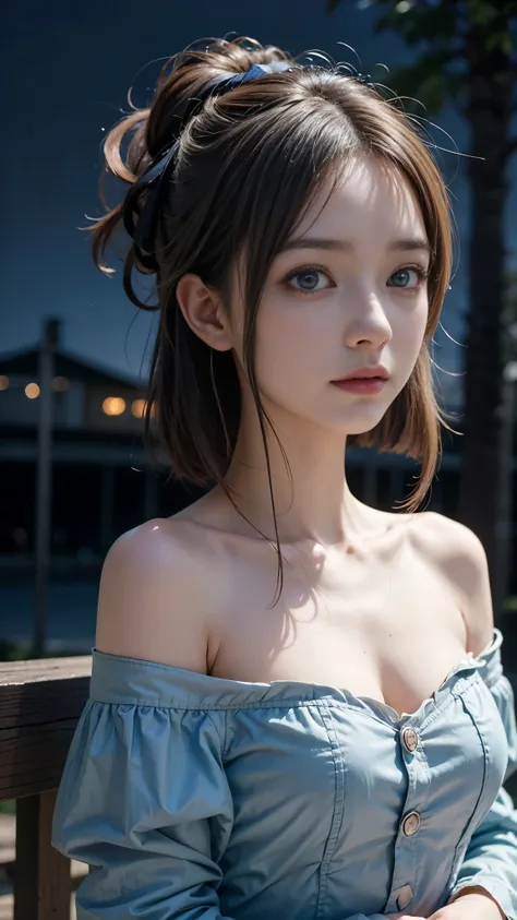 (Highest quality, masterpiece:1.2, Ultra-high resolution), (Reality: 1.4), Original photo, Japanese, One girl, Beautiful breasts, Beautiful Eyes, Baby Face, Beautiful Skin, ((Off the shoulder, dress)), Cinema Lighting, Ultra-detailed, (night), trip, Stylis...