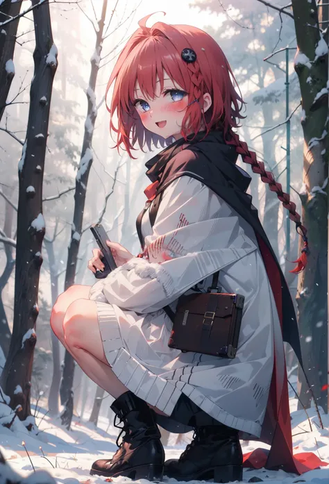 kurosaki mea,Redhead,Long Hair,Long braids,Purple eyes,smile,smile,blush,White Breath,
Open your mouth,snow,Ground bonfire,,Outdoor, boots, snowing, From the side, wood, suitcase, Cape, Blurred, , forest, White handbag, nature,  Squat, Mouth closed, Cape, ...
