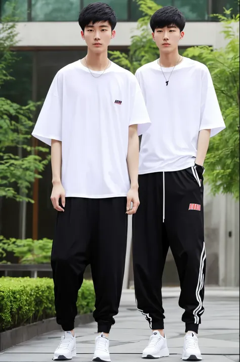 Beijing young men, slim. wearing oversize white T shirt then black jogger pants, full body, black short cut, garden