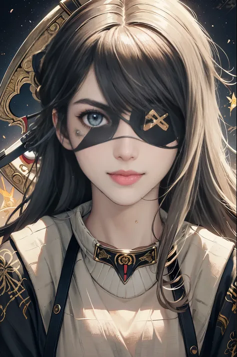 (masterpiece, top quality, best quality, official art, beautiful and aesthetic:1.2),(Eye Patch:1.5), solo, 1girl, bangs, smile, upper body, shirt,extreme detailed,highest detailed, optical mixing, playful patterns, lively texture, unique visual effect