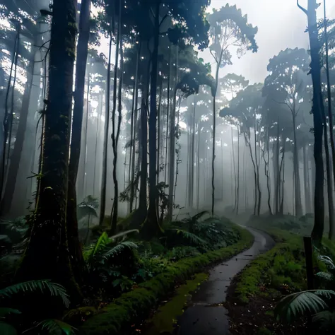 Jungle with dark sky. Dense jungle, dark, gloomy, dark clouds, high trees, tall trees, huge trees, moss, tall grass, thick bushes, soil, rocks with moss, canopy of trees, pair of eyes in the darkness, ((dark skies)), jungle, (grassy ground),(foggy),(mist),...