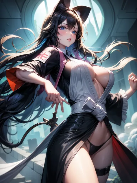 score_9、score_8_up、ng_deepnegative_v1_75t、Cyberboy、Dynamic Angle、Gray background、1 female（Matsumoto Rangiku、Hands on hips、Grim Reaper costume、Huge breasts）、、