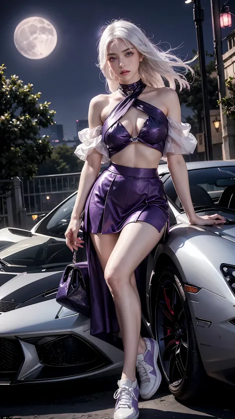 realistic, 1girl, white hair, purple eyes, glowing eyes, crop top, skirt, parted lips, blush, night, flowers, moon, moonlight, open legs, hot, open legs, exposed skin, desirable, Milf, sexy, sneaker, ((Purple Lamborghini at the background)), Dark, Luna, cu...