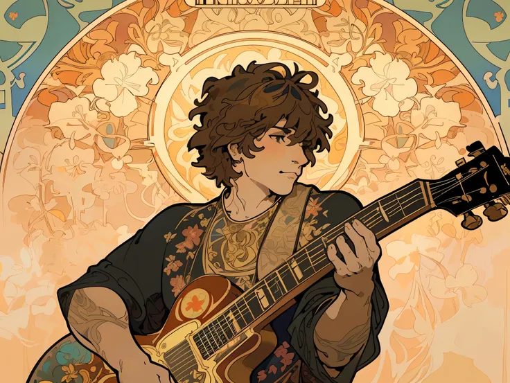 face portrait of a electric guitar,Gibson,No man,floral frame, Decorative panels, abstract artistic, by Alphonse Mucha (Masterpiece, Best Quality, Highres:1.4), Detailed, Intricate Details, 4K, color splashes, line art, fibonacci,