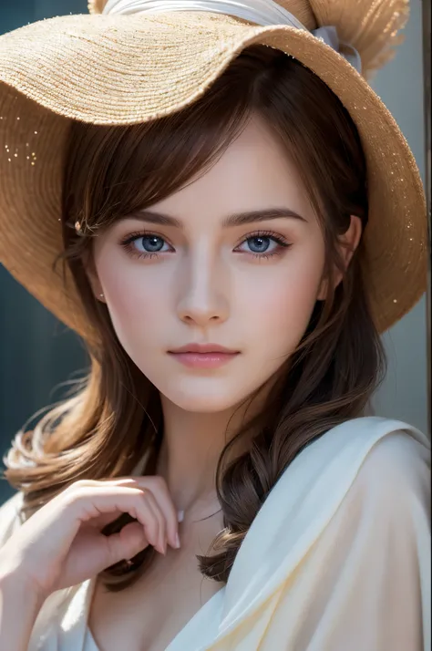 (Surreal), (High resolution), (8k), (Very detailed), (Beautiful attention to detail), (Superior Quality), (Super detailed), (masterpiece), (Detailed face), Focus Smooth、Emma Watson&#39;s face、Huge breasts、Japanese、Beach、White and beautiful skin、Small nippl...