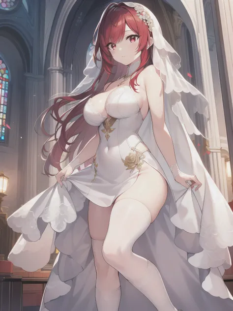 A girl，long hair, Bangs, Orange hair, Hair between the eyes, (Red eyes:1.5),  (Large Breasts:1.2), 
rest clavicle, Wedding dress，veil，wedding，White dress，Flowers，Broken skirt，White socks，Tights，White knee socks，
looking at viewer, whole body,
indoors, chur...