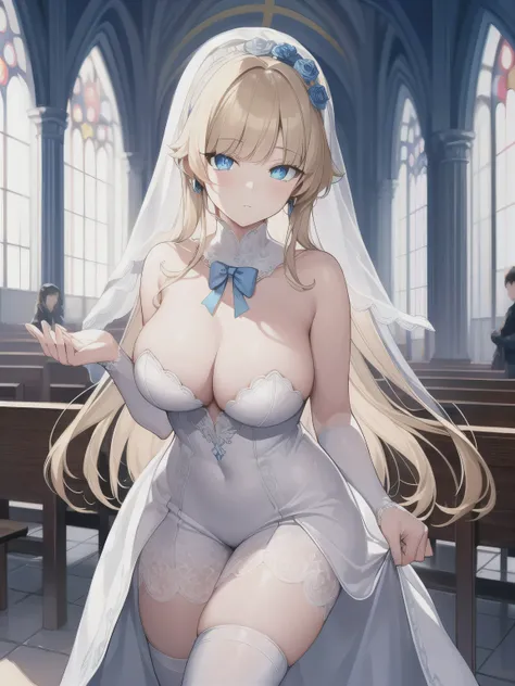 A girl，long hair, Bangs, blond hair, Hair between the eyes, (Blue Eyes:1.5),  (Large Breasts:1.2), 
rest clavicle, Wedding dress，veil，wedding，White dress，Flowers，Broken skirt，White socks，Tights，White knee socks，
looking at viewer, whole body,
indoors, chur...