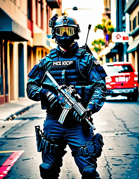 masterpiece, high quality, hires, 1man, solo, swat officer, (perfect hands, matching gloves, holding weapon, heckler & koch mp5)...