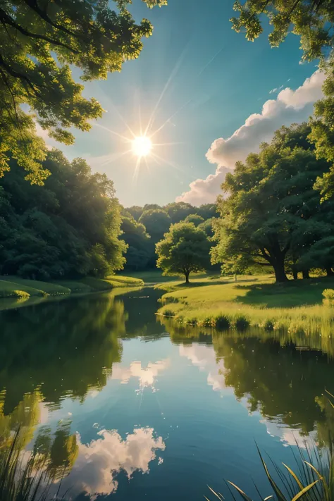 a serene ethereal landscape, fluffy clouds, glowing sun rays, floating angelic figures, lush green meadows, tranquil lake reflecting divine light, best quality, 4k, 8k, highres, masterpiece, ultra-detailed, realistic, photorealistic, photo-realistic, heave...