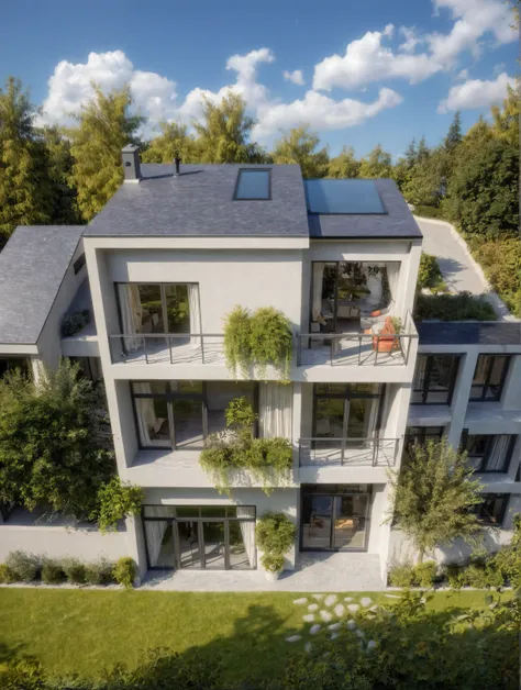 villa moderne, (style moderne:1.2), exterior design, vue de perspective, (block sidewalks and asphalt roads), (la maison du voisin d'Beside), (jour light sky background), Arbres bas autour de la maison, atmosphère globalement paisible photo cinématogra...