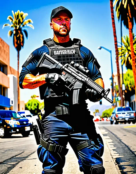 masterpiece, high quality, hires, 1man, solo, swat officer, (perfect hands, matching gloves, holding weapon, Heckler & Koch MP5), standing, on patrol, los angeles market backdrop, looking away