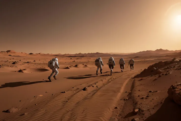 On Mars，Martian sky，SpaceX astronauts run toward Mars lander,(8K, best quality, masterpiece:1.2), (Practical, Reality:1.37), Extremely detailed，Wide-angle lens