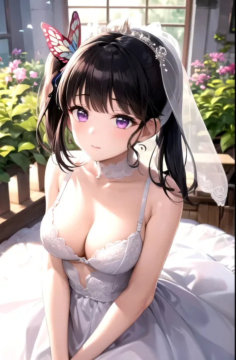 bride, bra, underwear, veil(masterpiece, best quality, detailed), 1 Girl, Solitary, Looking at the audience, Kana Odf, Purple Eyes, Black Hair, Long hair, blunt Bangs, Bangs, Hair accessories, Vulnerabilities, Butterfly, Side Ponytail, Butterfly Hair acces...