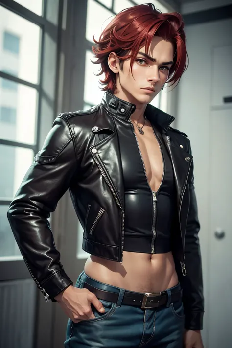  Imagine an anime character is a boy with an imposing presence and an athletic physique. Su cabello es de un rojo intenso, recogido en una coleta alta que se balancea con cada movimiento. Sus ojos, also red, They have a penetrating gaze that reflects their...