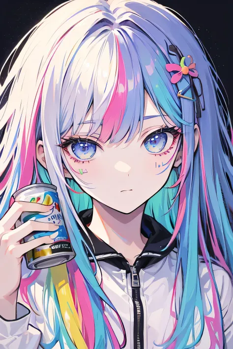 2D, ((high quality)), ((masterpiece)), beauty, ((detailed face)), anime girl with long rainbow-colored hair, white clothes with paint stains ((colorful)), holding a can of paint.