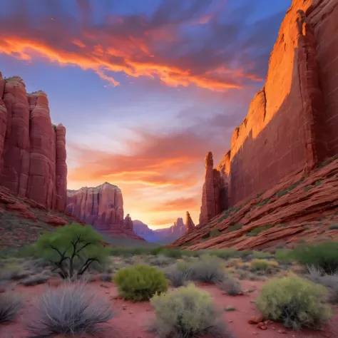 Create an incredibly amazing and fantastical image featuring the Arizona Red Rocks. Imagine a breathtaking landscape where the iconic red rock formations of Arizona are enhanced with surreal and magical elements. The scene is set at sunset, with the sky pa...