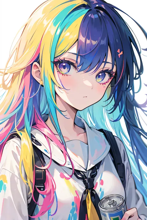 2D, ((high quality)), ((masterpiece)), beauty, ((detailed face)), anime girl with long rainbow-colored hair, white clothes with paint stains ((colorful)), holding a can of paint.