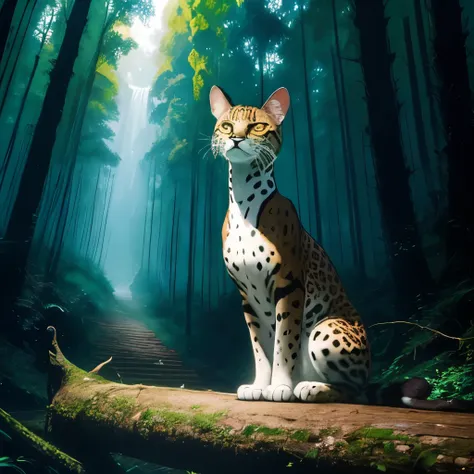 araffe sitting on a log in the woods looking up, a photo by Juergen von Huendeberg, flickr, sumatraism, margay, amazonian, michel ocelot, jaguar, beautiful!!!!!!!!!, has a very realistic look to it, beautiful!, beautiful”, spotted ultra realistic, beautifu...