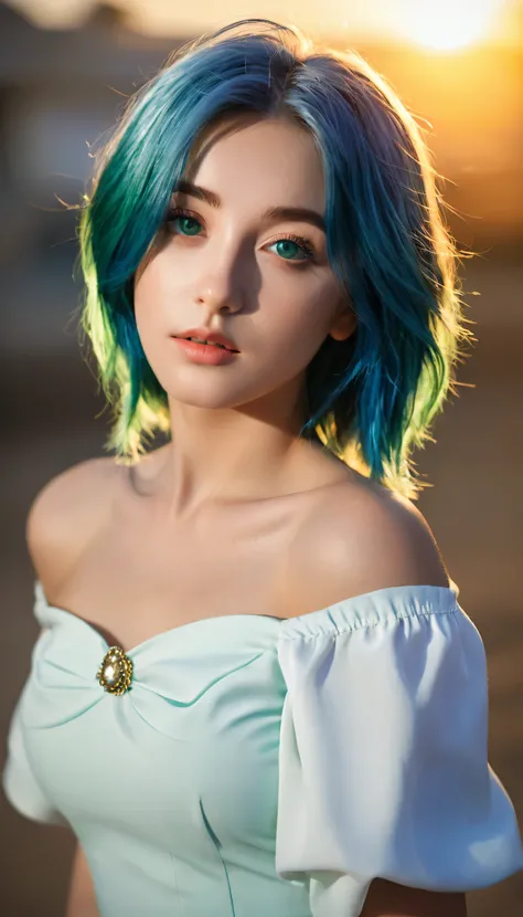 Best Quality, Masterpiece, Ultra High Resolution, (Realism: 1.4), Original Photo, 1Girl, Green Eyes, Off-the-Shoulders, Cinematic Lighting, Blue Hair, At Sunset